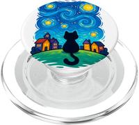 Cat Looking at Starry Night Sky Colorful Moon Houses Stars PopSockets PopGrip pour MagSafe