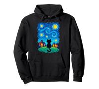 Cat Looking at Starry Night Sky Colorful Moon Houses Stars Sweat à Capuche