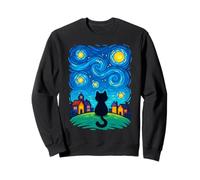 Cat Looking at Starry Night Sky Colorful Moon Houses Stars Sweatshirt