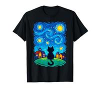 Cat Looking at Starry Night Sky Colorful Moon Houses Stars T-Shirt