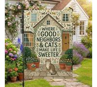 Cat Lover Cottage Drapeau de jardin avec citation Tabby 30,5 x 45,7 cm | Esthétique rustique, drapeau de cour, vignes florales, empreintes de pattes, citation de bienvenue, décoration de porche