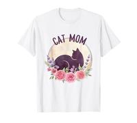 Cat, Mom Floral Watercolor Black, Cat Silhouette Pink Roses T-Shirt