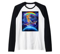 Cat On A Skateboard With Rainbow In Space Skateboarding Manche Raglan
