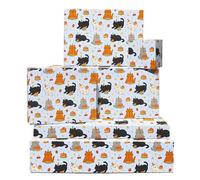 Cat Papier Cadeau - 6 Feuilles Papier Cadeau For Enfants Filles Wohommes - Anniversaire Party Cute Kitty Print With Cakes Strawberries Stars - Pastel Blue Funny Animal - Comes With Tags