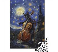 Cat Playing Cello Under Starry Night Puzzle Adulte 1000 Pièces, 38x26cm/1000pcs, Idée Cadeau pour Un Anniversaire; Carton Blanc pour Une Manipulation Simple