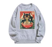 Cat Ramen Japonais Drôle Graphique T-shirts Mignon Chat Anime Sweats à Capuche Cardigan Imprimé Léopard Femmes, Gris clair., L