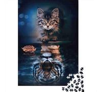 Cat réflexion Tigre Set Puzzle 1000 Pièces Collectionneurs, Papier Recyclé Épais, Décoration Intérieure, Art Mural, Cadeau Couples, Puzzle Décoratif 38x26cm/1000pcs