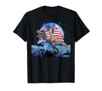 Cat Riding Dinosaur in Moon US Patriotic Flag 4th of July T-Shirt