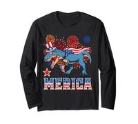 Cat Riding Dinosaur T Rex USA Patriotic Flag 4th of July Manche Longue