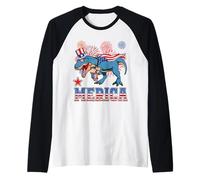 Cat Riding Dinosaur T Rex USA Patriotic Flag 4th of July Manche Raglan