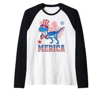 Cat Riding Dinosaur T Rex USA Patriotic Flag 4th of July Manche Raglan