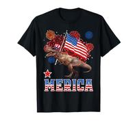 Cat Riding Dinosaur T Rex USA Patriotic Flag 4th of July T-Shirt