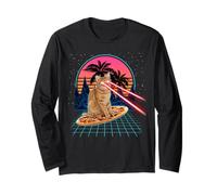 Cat Riding Pizza Laser Eyes 80s Cat in Space Cats Lovers Manche Longue
