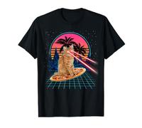 Cat Riding Pizza Laser Eyes 80s Cat in Space Cats Lovers T-Shirt Graphique avec Valeur