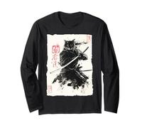 Cat Samurai Japanese Sumi-e Painting Katana Art Manche Longue