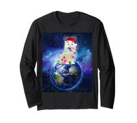 Cat Santa Hat Christmas Tree Lights in Space Funny Xmas Manche Longue