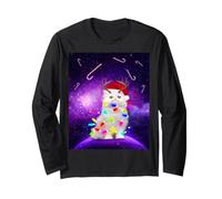 Cat Santa Hat Christmas Tree Lights in Space Funny Xmas Manche Longue