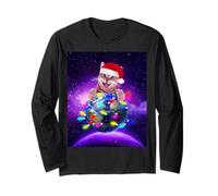 Cat Santa Hat Christmas Tree Lights in Space Funny Xmas Manche Longue