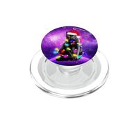 Cat Santa Hat Christmas Tree Lights in Space Funny Xmas PopSockets PopGrip pour MagSafe