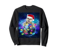 Cat Santa Hat Christmas Tree Lights in Space Funny Xmas Sweatshirt