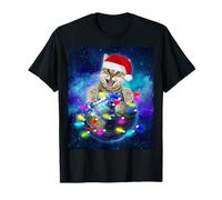 Cat Santa Hat Christmas Tree Lights in Space Funny Xmas T-Shirt