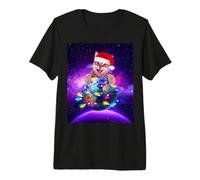 Cat Santa Hat Christmas Tree Lights in Space Funny Xmas T-Shirt Haut de Gamme
