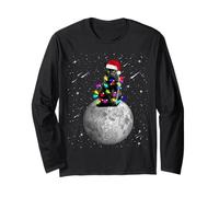 Cat Santa Hat Christmas Tree Lights Moon Space Funny Xmas Manche Longue