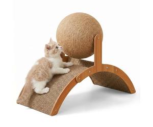 Cat Scratching Ball on Stand, Mess-Free Dual-Action Sisal Scratcher with 360° Rotating Ball, Solid Wood Arch Bridge & Play Tunnel for Indoor Cats, Furniture Protector (L: 21.7" x 8.9" x 15.7")
