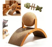 Cat Scratching Ball on Stand, Solid Wood Interactive Cat Scratcher with Arch Bridge & 360° Rotating Ball - Durable Cats Toy for Indoor Cats & Kittens, Prevents Furniture Damage (21.6 * 8.8 * 15.7in)
