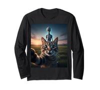 Cat Selfie with Alien on The Back Funny for Kids Teens Adult Manche Longue