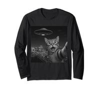 Cat Selfie With Alien UFO Shirt Las Vegas Cat UFO Invasion Manche Longue