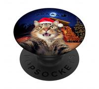 Cat Selfie with Santa, Reindeer, and Sleigh Funny Christmas PopSockets PopGrip Adhésif