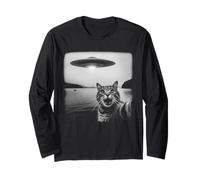 Cat Selfie with UFO Funny Black & White Graphic Vintage Manche Longue