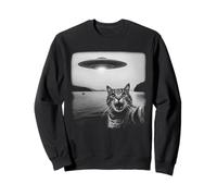 Cat Selfie with UFO Funny Black & White Graphic Vintage Sweatshirt