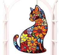 Cat Suncatcher Ornament, Stained Glass Decor with Flower Designs, 20cm