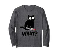 Cat What? Funny Black Cat with Knife Men Women Manche Longue
