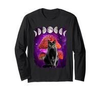 Cat with Mushroom Moon Phases in Space Funny Black Cats Manche Longue