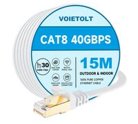 CAT8 Ethernet Cable 15M with Clips, 40Gbps/2000Mhz High Speed Gigabit RJ45 LAN Internet Network Cable, Cat-8 Flat Patch Cable Shielded Heavy Duty for PS4/5 Computer Modem PC TV - White