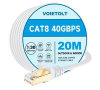 CAT8 Ethernet Cable 20M with Clips, 40Gbps/2000Mhz High Speed Gigabit RJ45 LAN Internet Network Cable, Cat-8 Flat Patch Cable Shielded Heavy Duty for PS4/5 Computer Modem PC TV - White