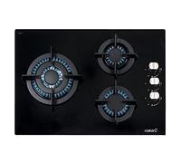 CATA CCI 5003 BK - Plaque de Cuisson gaz 3 foyers (3,5 KW Triple Couronne, 1,75 KW Semi-Rapide, 1 KW auxiliaire), Surface Verre Noir, grilles Fonte, Largeur 59 cm