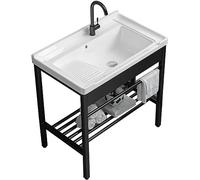 CATANK Accueil Éviers de Cuisine Éviers Utilitaires pour buanderie, évier en céramique avec Support en Acier Inoxydable et kit de vidange, lavabo en céramique pour buanderie, Salle de lav