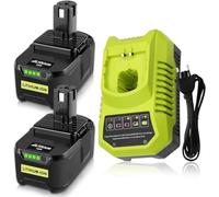 Catastro 2 pièces 5.5Ah RB18L50 Remplacement pour Ryobi Batterie 18V P108 + 9.6-18V Remplacement pour Ryobi Chargeur BCL14181H Lithium-ION & NI-MH avec indicateur LED (Gris Clair)