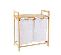 CATAVANA - Panier à Linge Bambou - 2 Compartiments (30L) - Idéal Salle de Bain/Buanderie - 64x33x73 cm - Couleur : Blanc