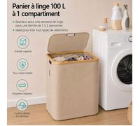 CATAVANA - Panier à Linge en Bambou Beige avec Couvercle - Corbeille à Linge 100 L avec Sac et Poignées