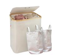 CATAVANA - Panier à Linge en Bambou Blanc avec Couvercle - Corbeille à Linge 140 L avec Double Sacs et Poignées - Bac de Rangement pour Salle de Bain, Chambre ou Buanderie - Design Élégant et Durable