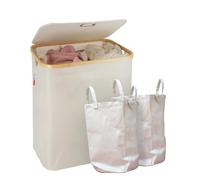 CATAVANA - Panier à Linge en Bambou Blanc avec Couvercle - Corbeille à Linge 140 L avec Double Sacs et Poignées