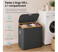 CATAVANA - Panier à Linge en Bambou Gris Foncé avec Couvercle - Corbeille à Linge 100 L avec Double Sacs et Poignées