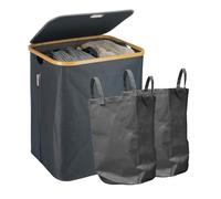CATAVANA - Panier à Linge en Bambou Noir avec Couvercle - Corbeille à Linge 140 L avec Double Sacs et Poignées - Bac de Rangement pour Salle de Bain, Chambre ou Buanderie - Design Élégant et Durable