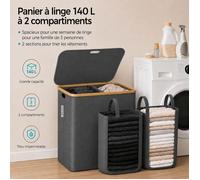 CATAVANA - Panier à Linge en Bambou Noir avec Couvercle - Corbeille à Linge 140 L avec Double Sacs et Poignées