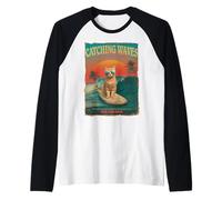 Catching Waves Not Feelings Funny Surf Cat Retro 80s Manche Raglan
